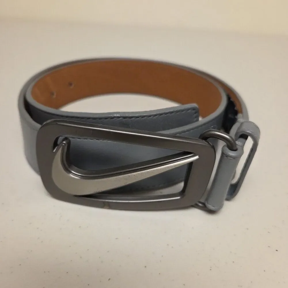 Nike Golf Grip Tech Grey Leather Belt 37” M - L Metal Swoosh Buckle